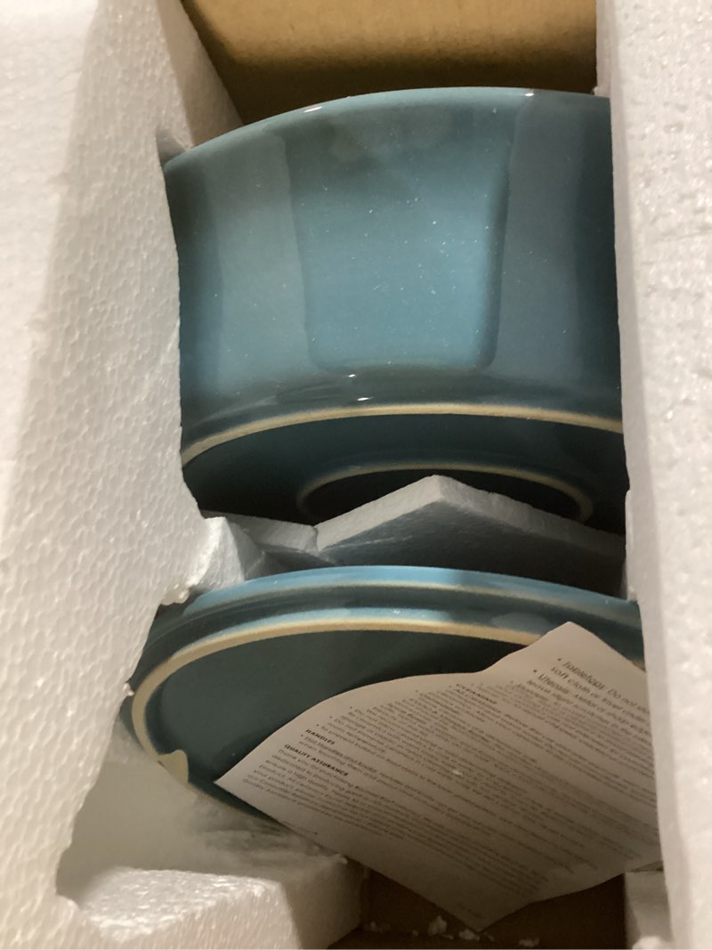 Condition photo showing As Is for rachael ray solid glaze ceramics casserole bakeware/baker set with shared lid, 3 piece, agave blue