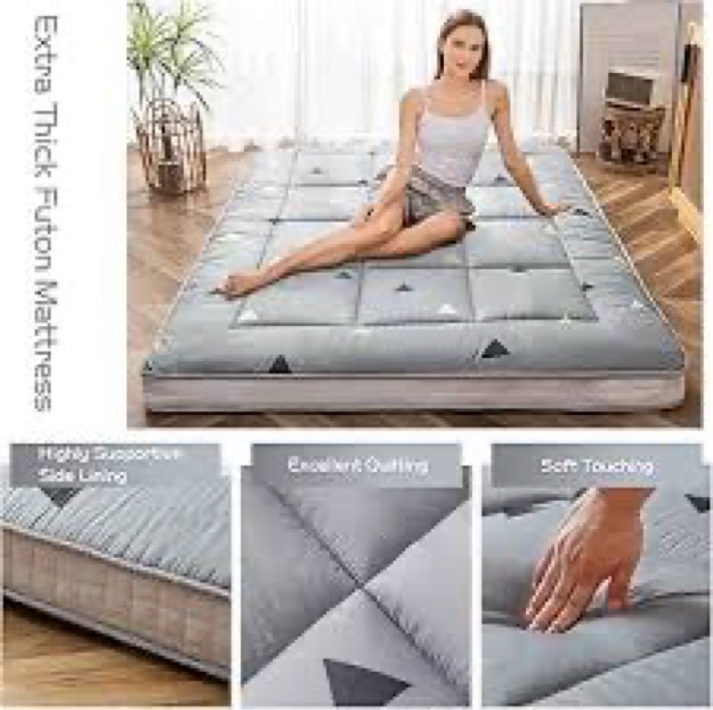 MAXYOYO Black Geometric Pattern Futon Mattress, Japanese Floor Mattress Quilted Bed Mattress Topper, Extra Thick Folding Sleeping Pad Breathable Floor Lounger Guest Bed for Camping Couch, Queen Queen Black Geometry