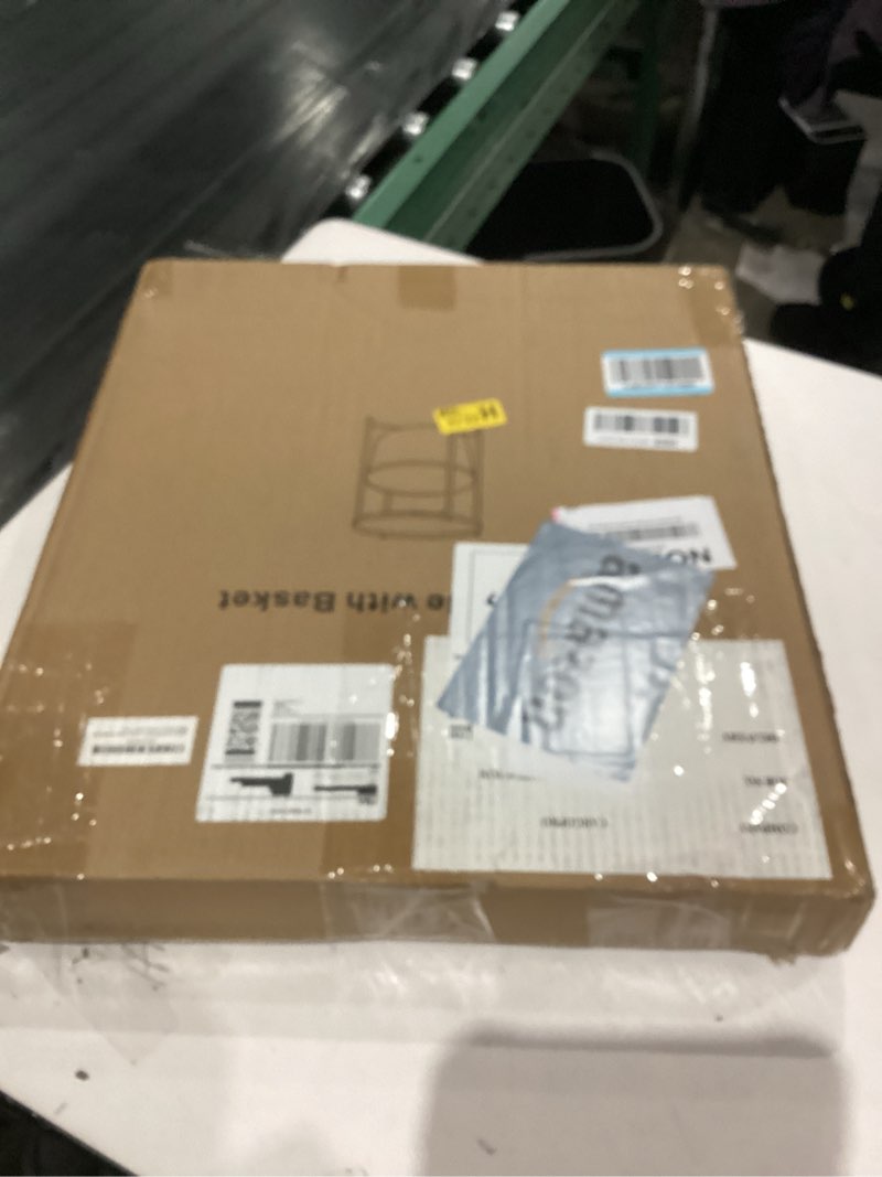 Condition photo showing As Is for danpinera Round Side Table with Fabric Storage Basket, Metal Side Small Bedside Table Nightstand with Removable Tray Top for Living Room, Bedroom, Nursery, Bathroom, Gold Gold 1