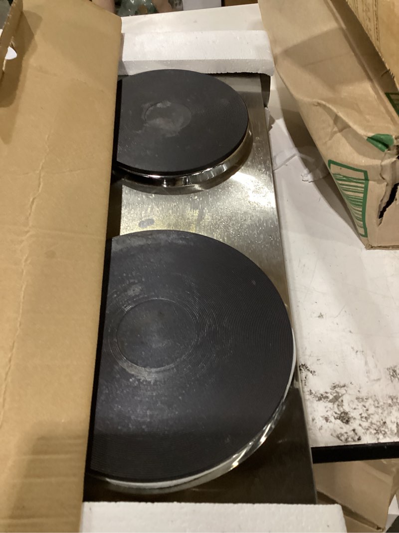 Condition photo showing As Is for cusimax hot plate, electric double burner, 1800w cast iron countertop cooktop, portable for cooking, compatible for all cookwares, easy clean, upgraded version
