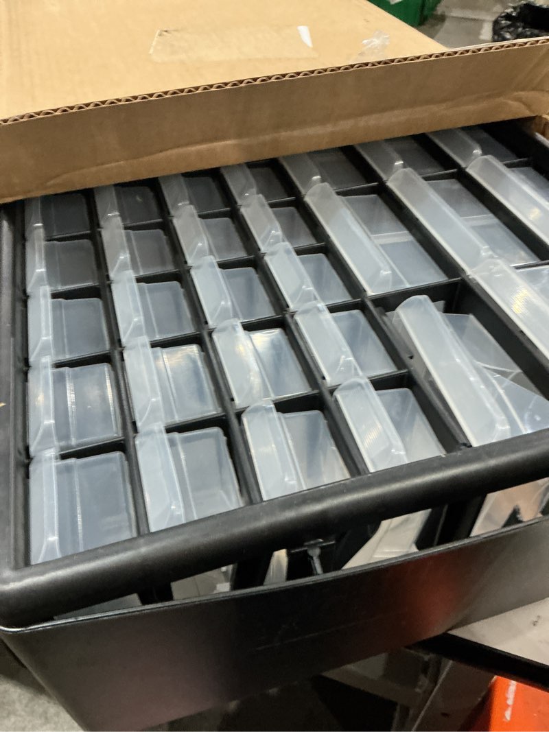 Condition photo showing As Is for akro-mils 44-drawer plastic drawer storage cabinet for garage organization, bead organizer, building bricks storage, teacher toolbox, makeup organizer, 20" w x 6" d x 16" h, 10144 black black 44 drawer 1 pack