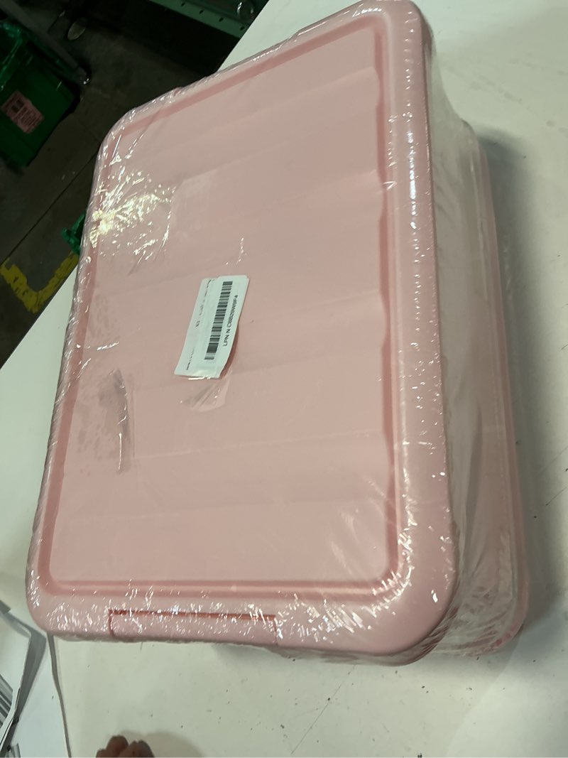 Condition photo showing New/Like New for 14 quart plastic latching storage box, plastic underbed storage bin with pink lids, 2 packs