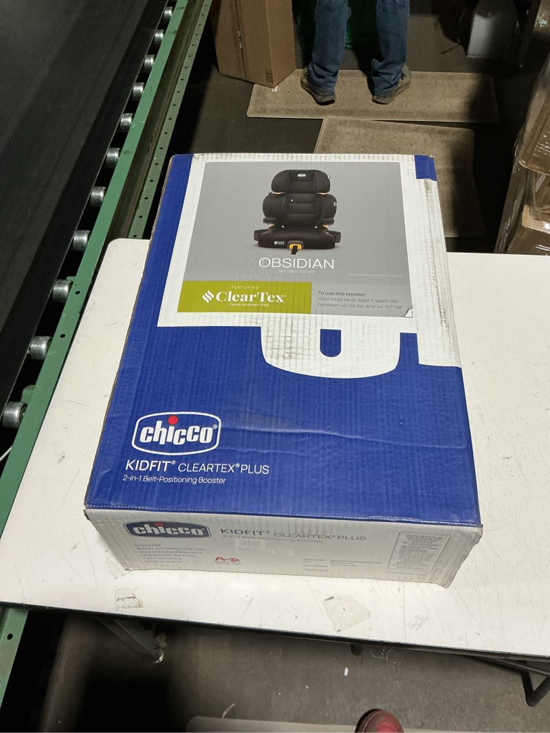 Condition photo showing New/Like New for chicco kidfit cleartex plus 2-in-1 belt-positioning booster car seat, backless and high back booster seat, for children aged 4 years and up and 40-100 lbs. | obsidian/black kidfit cleartex plus obsidian