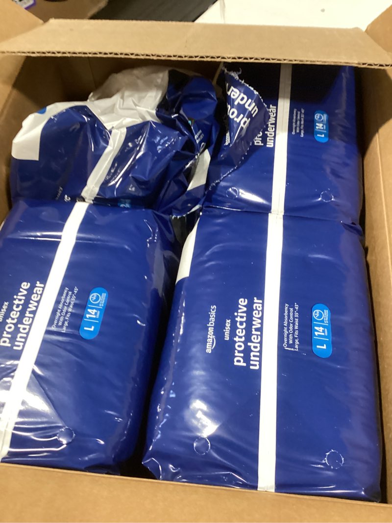 Condition photo showing As Is for Amazon Basics Unisex Protective Underwear, Overnight Absorbency, Large, 56 Count, (4 Packs of 14)