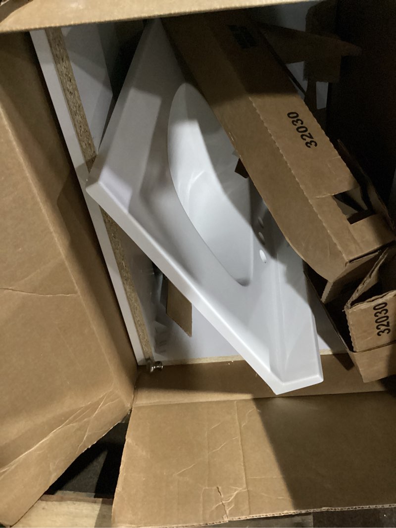 Condition photo showing As Is for project source dover 24-in true white single sink bathroom vanity with white cultured marble top