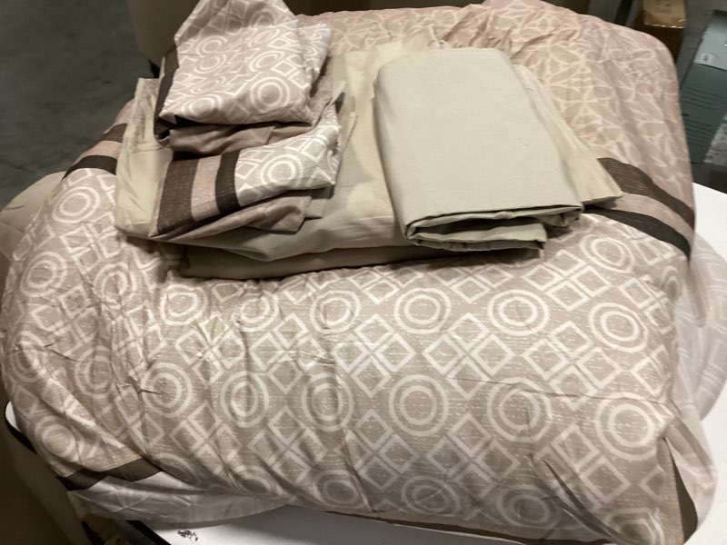 Condition photo showing Good Condition for WONGS BEDDING 7 Pieces Comforter Set King Size, Brown Striped Bed in a Bag Comforter and Sheet Set, Bohemian Soft Lightweight Micorfiber Bedding Set for All Season (90"×104") Brown King
