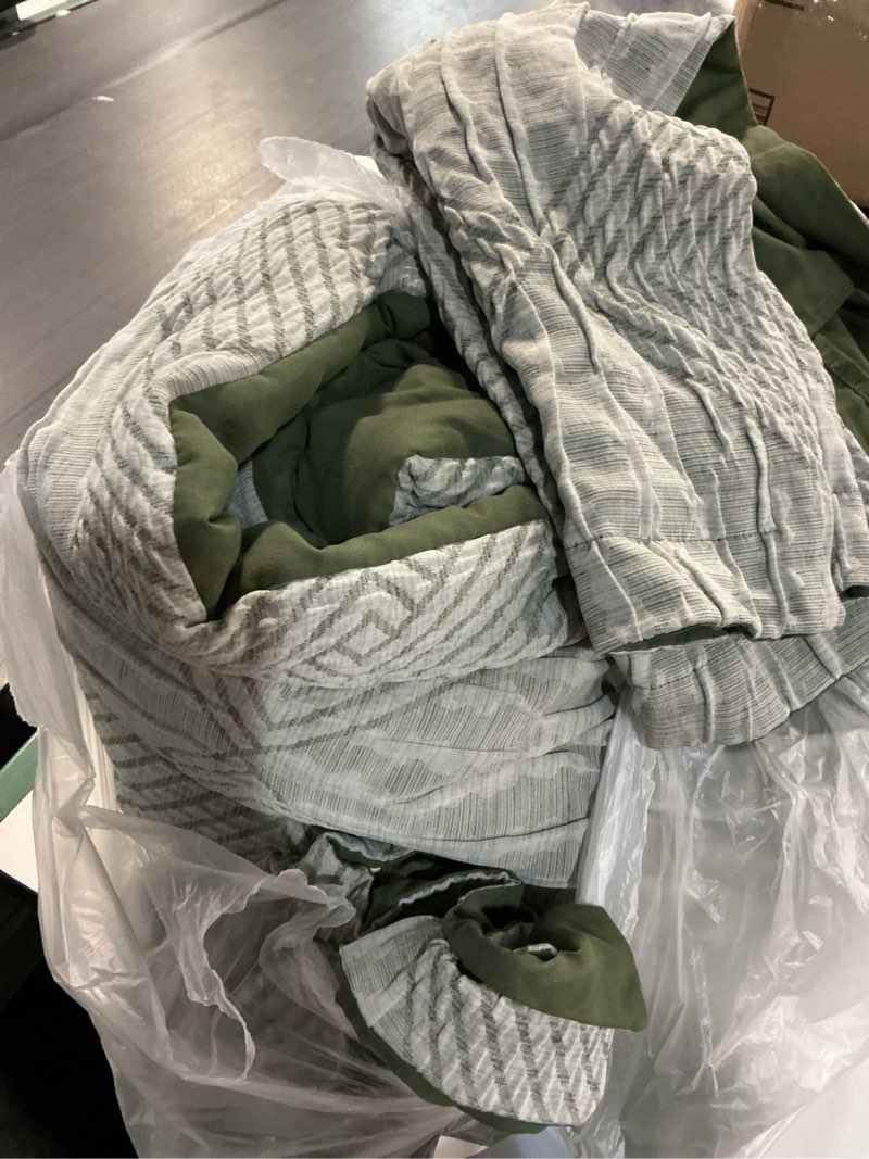 Condition photo showing As Is for mairêve queen comforter set crinkle textured, light olive green diamond boho bedding set 7 pieces bed in a bag, all season geometric comforter set with sheets, pillowcases & shams light olive green queen