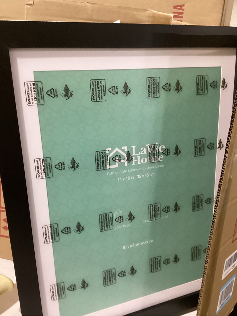 Condition photo showing Good Condition for LaVie Home 14x18 Picture Frame Black Poster Frame,Display Pictures 12x16 with Mat or 14x18 Without Mat, Stable and Sturdy Frame and Polished Plexiglass, Horizontal and Vertical Format of The Walls 14x18 Black