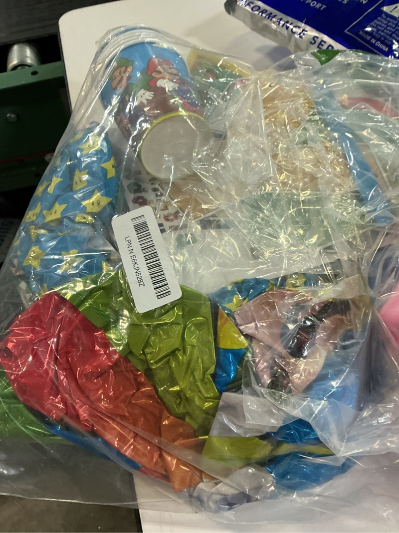 Condition photo showing As Is for 188 pcs birthday party supplies, party decorations includes balloons, film balloons, plates, cups, banners, knives, forks, spoons, napkins, stickers, cake topper, cupcake toppers, tablecloth