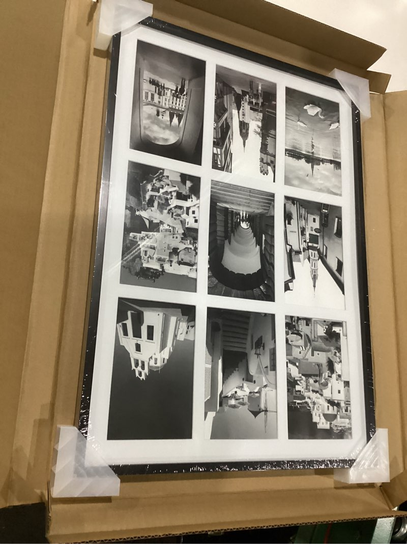 Condition photo showing New/Like New for frametory - 13.6x19.7 aluminum collage picture frame - display 4x6 pictures with 9 openings mat - real glass front - horizontal/vertical wall mount - black 1 pack 9 slots | 4x6 black