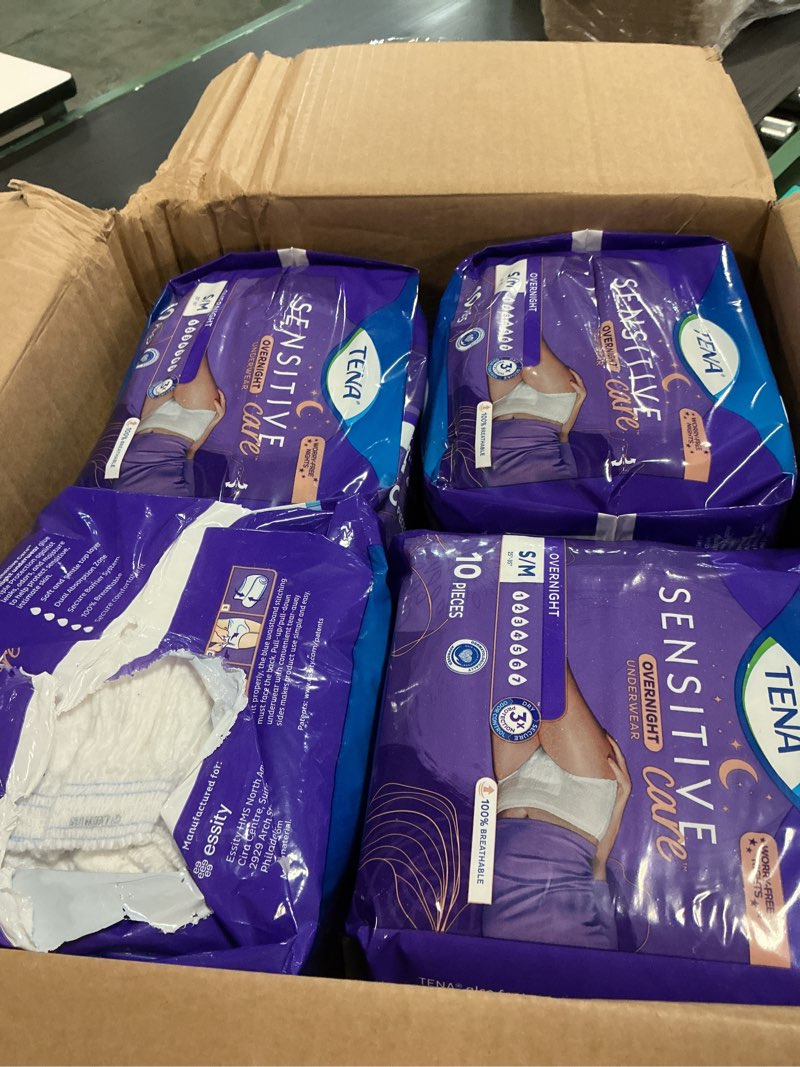 Condition photo showing As Is for tena sensitive care overnight incontinence underwear for women, bladder control and postpartum, small/medium, 80 count (waist size: 25in-35in) small/medium 80