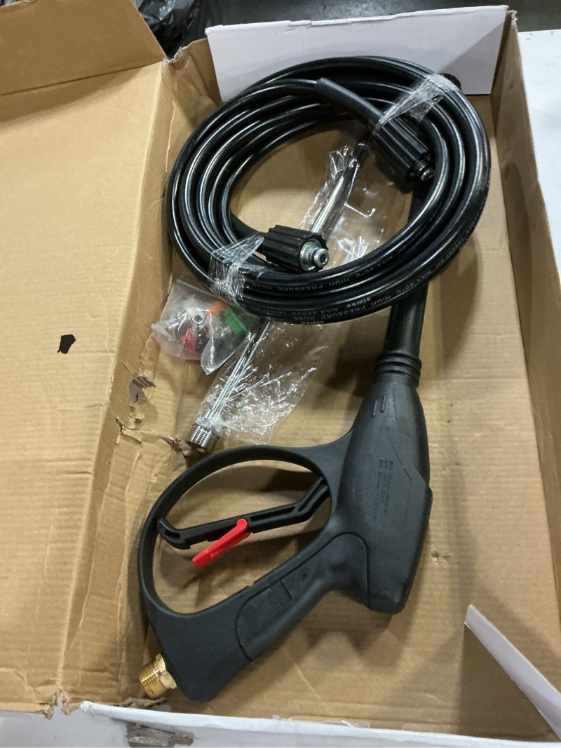 Condition photo showing Good Condition for feng pai pressure washer gun with 15in extension wand & 25ft hose, 5 nozzle tips quick connect, power washer hose and wand replacement, m22 14mm fitting for home car clean washing, 4000 psi, blue