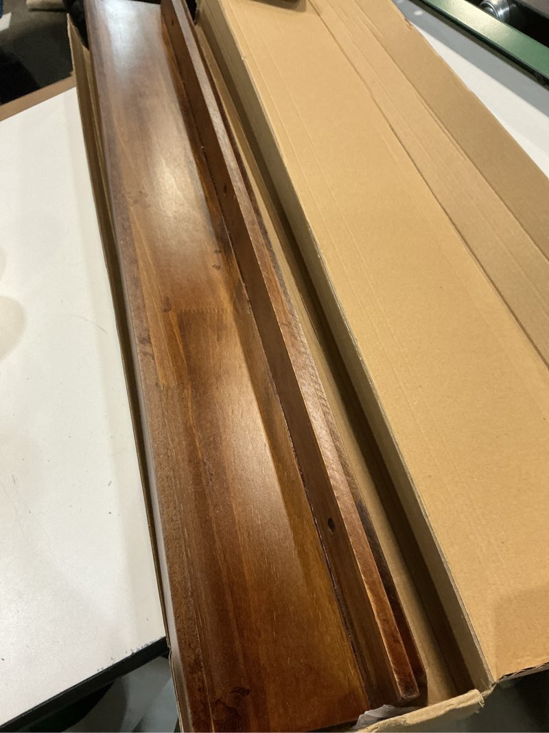 Condition photo showing As Is for AZSKY Floating Shelves Wall Mount Deep Walnut for Wall Storage 36 Inch Rustic Picture Photo Ledge Shelf with Lip Nursery Book Shelves for Kids Room Bedroom Bathroom Living Room Kitchen Decor Set of 3 Deep Walnut 36in set 3