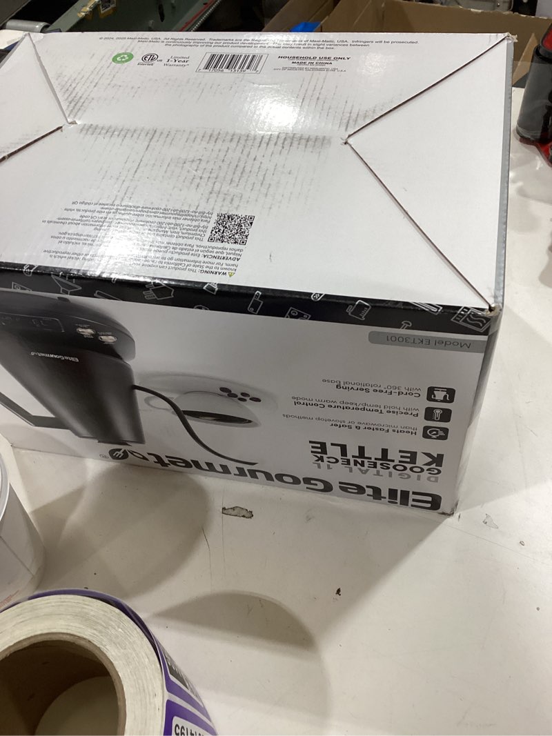 Condition photo showing As Is for Elite Gourmet EKT3001 1L Digital Water Kettle, 304 Stainless Steel Interior, Programmed Temperatures, Keep Warm Function, Cordless, 360° Base, Auto Off & Audible Indicator, Matte Black Copper