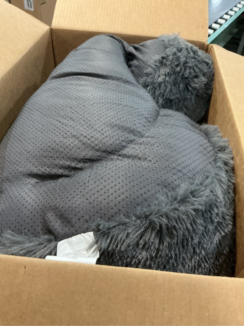 Condition photo showing As Is for Bedsure Calming Dog Bed for Medium Large Dogs - Donut Washable Large Pet Bed, 33 inches Anti-Slip Round Fluffy Plush Faux Fur Dog Bed, Dark Grey 33"L x 33"W x 8"Th Dark Grey