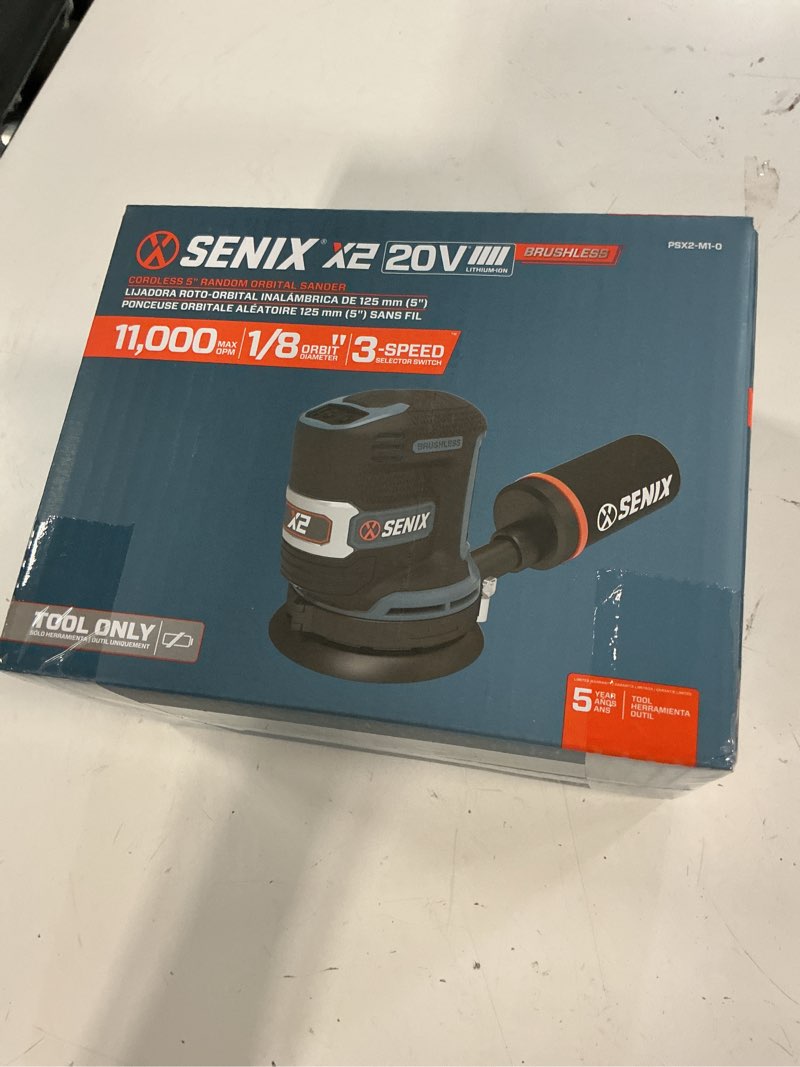 Condition photo showing New/Like New for senix 20v cordless 5-inch 3-speed orbital sander (brushless motor + led light + dust collection adaptation, no battery)