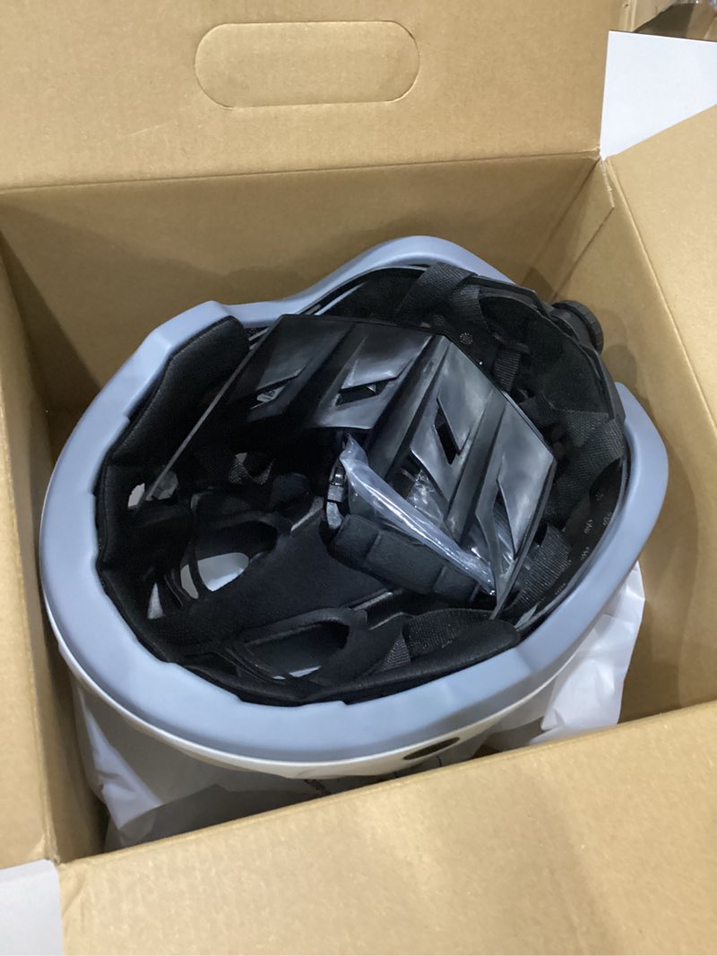 Condition photo showing New/Like New for bike helmet for adults, lightweight mountain bicycle helmet with usb rechargeable led rear light, removable sun visor for women, men, suitable for cycling and commuting large (23-24in) white