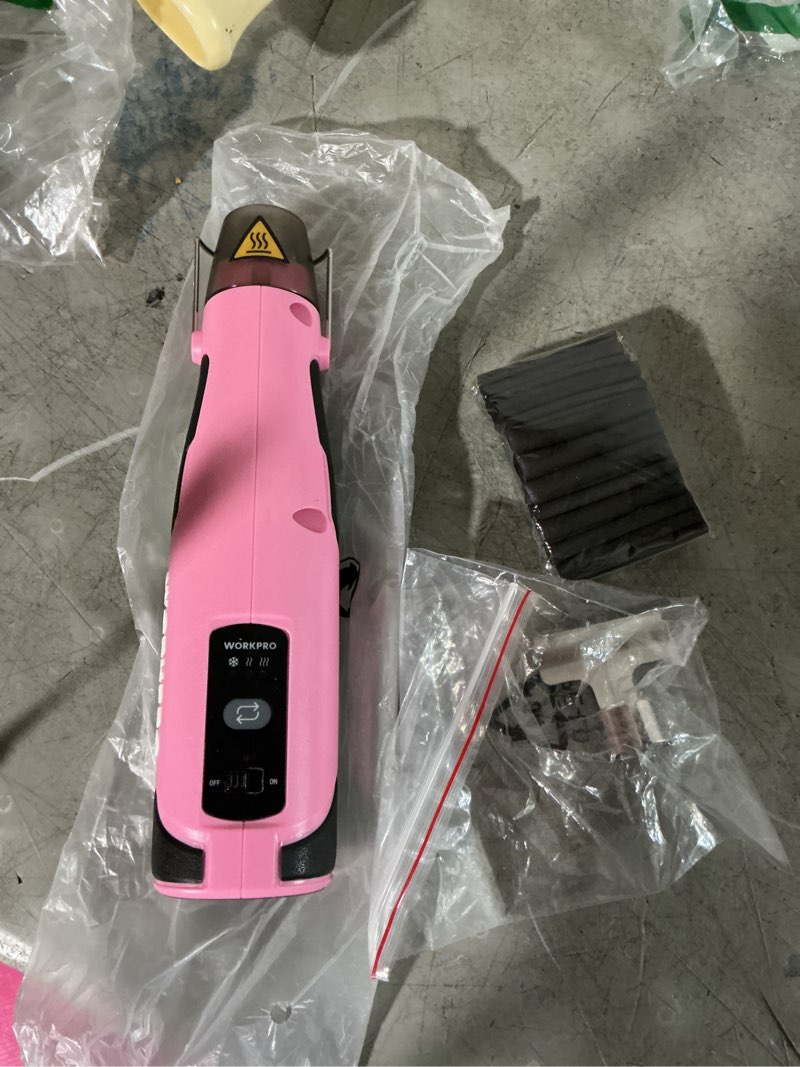 Condition photo showing Good Condition for workpro 7.2v cordless mini heat gun for diy crafts, 4000mah hot air gun, 1.5s fast heating, 3 temp settings (cool/572°f/842°f), usb-c rechargeable, perfect for crafts & decorations - pink ribbon