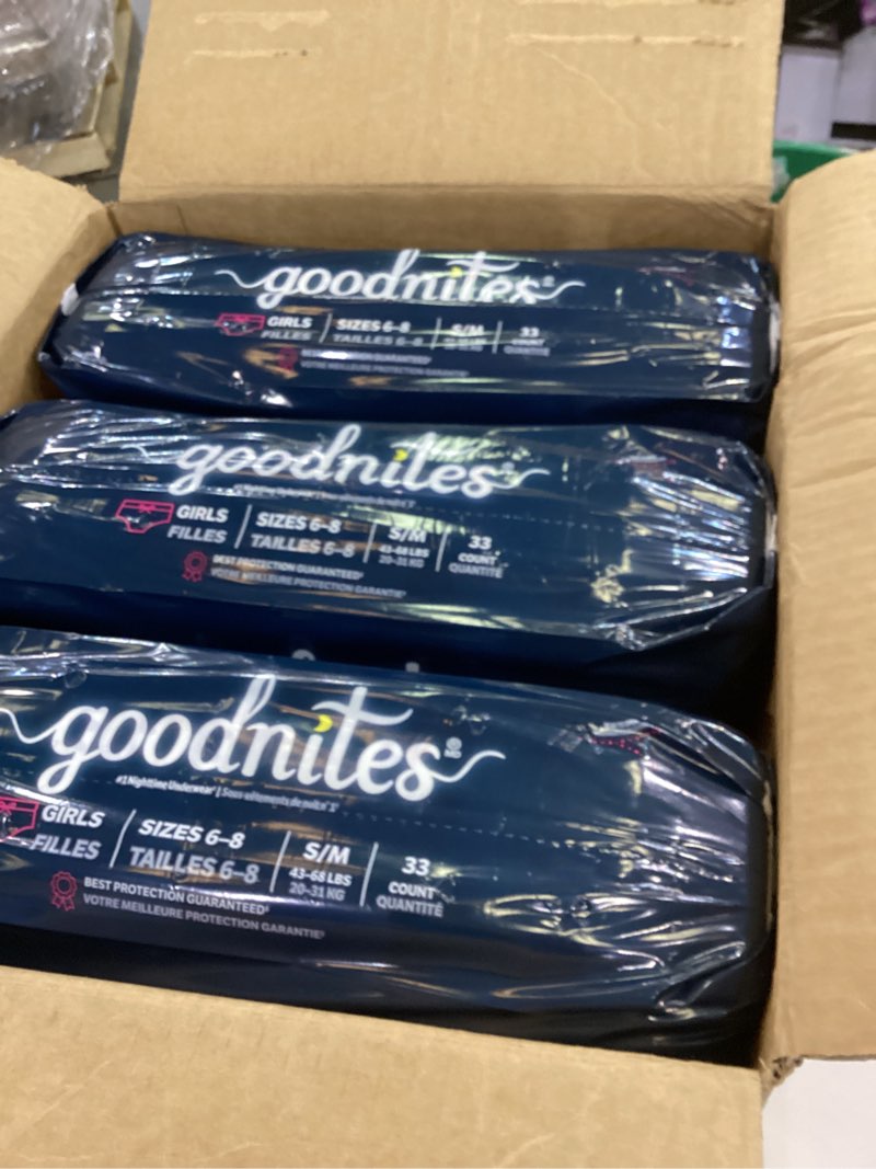Condition photo showing New/Like New for Goodnites Girls' Bedwetting Underwear, Size S/M (43-68 lbs), 99 Ct (3 Packs of 33), Packaging May Vary Small/Medium 99
