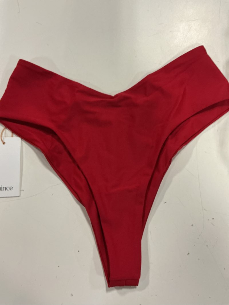 Condition photo showing New/Like New for italian v-cut high-rise bikini bottom, m, cherry