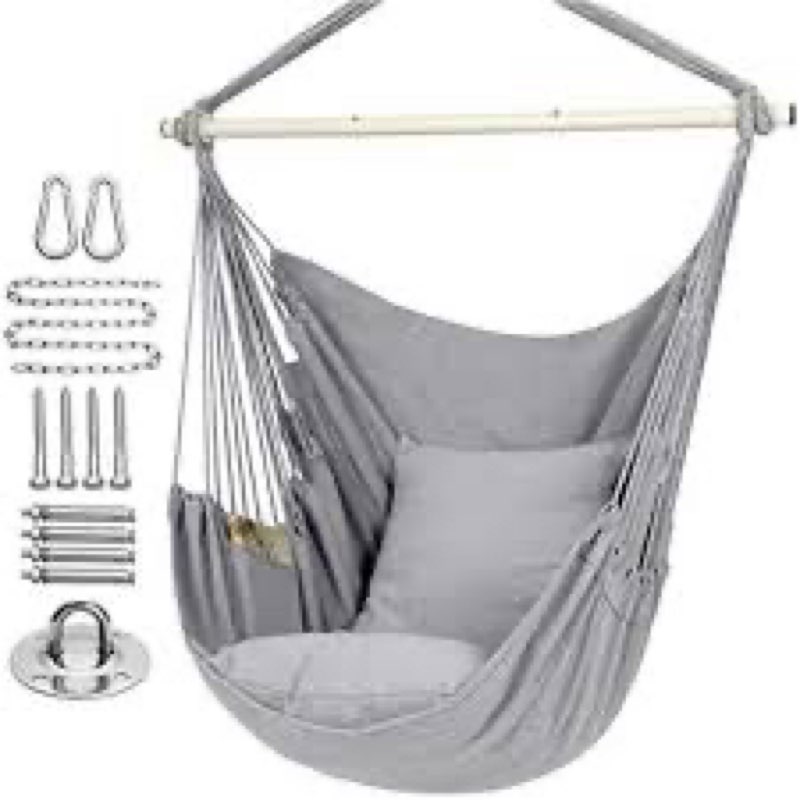 Y- Stop Hammock Chair Hanging Rope Swing Chair, Max 500 Lbs, 2 Seat Cushions Included, Removable Steel Spreader Bar with Anti-Slip Rings, Hardware kit-for Indoor or Outdoor(Dark Grey)