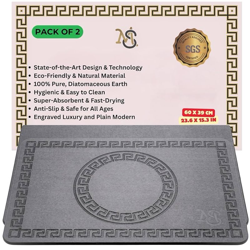 Luxury 2 Pack - One Stone Bath Mat Engraved Luxury + One Plain Modern Dish Drying Mat for Kitchen Co