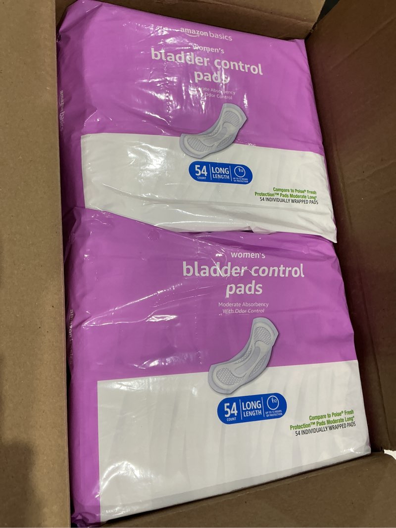Condition photo showing New/Like New for amazon basics incontinence pads for women, postpartum, long, bladder control, moderate absorbency, unscented, 108 count (2 packs of 54) moderate (108 count) 108.0
