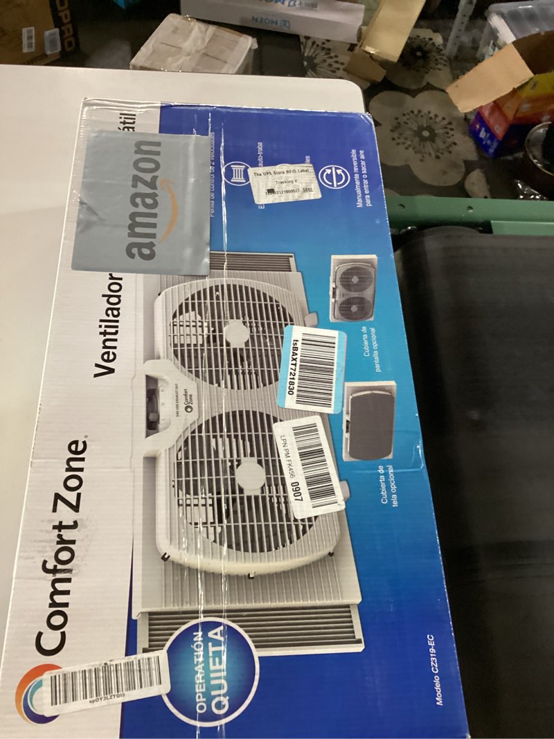 Condition photo showing Good Condition for Comfort Zone Twin Window Fan with Reversible Airflow Control, 9 inch, Auto-Locking Expanders, 2 Speed Fan, Dual Fan, Exhaust, Airflow 9.84 ft/sec, Ideal for Home, Kitchen, Bedroom & Office, CZ319WT White 9"