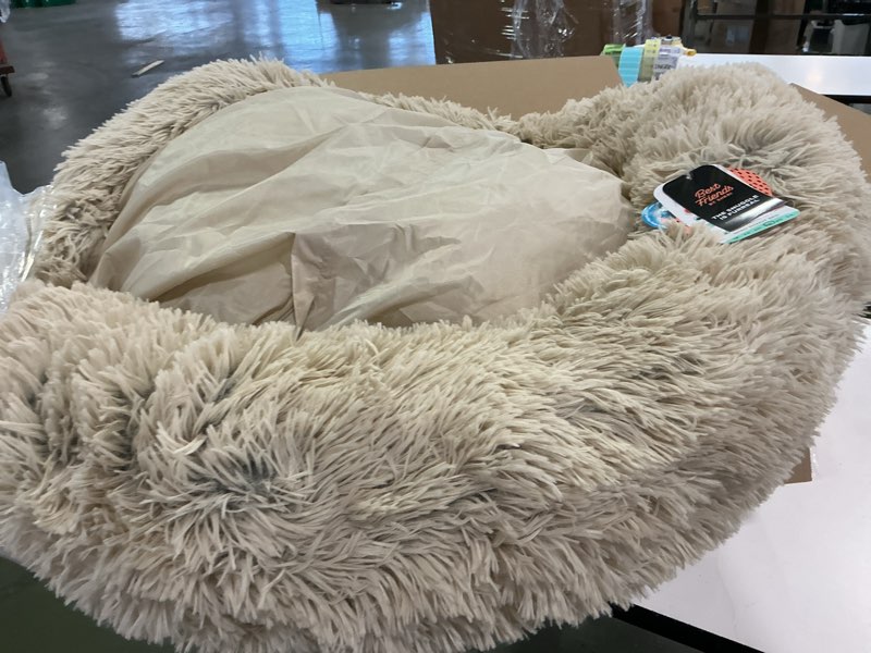 Condition photo showing Good Condition for Best Friends by Sheri Original Calming Donut Dog and Cat Bed, Shag Faux Fur, Taupe, (36in x 36in) - Anxiety Relief for Pets Up to 100 lbs