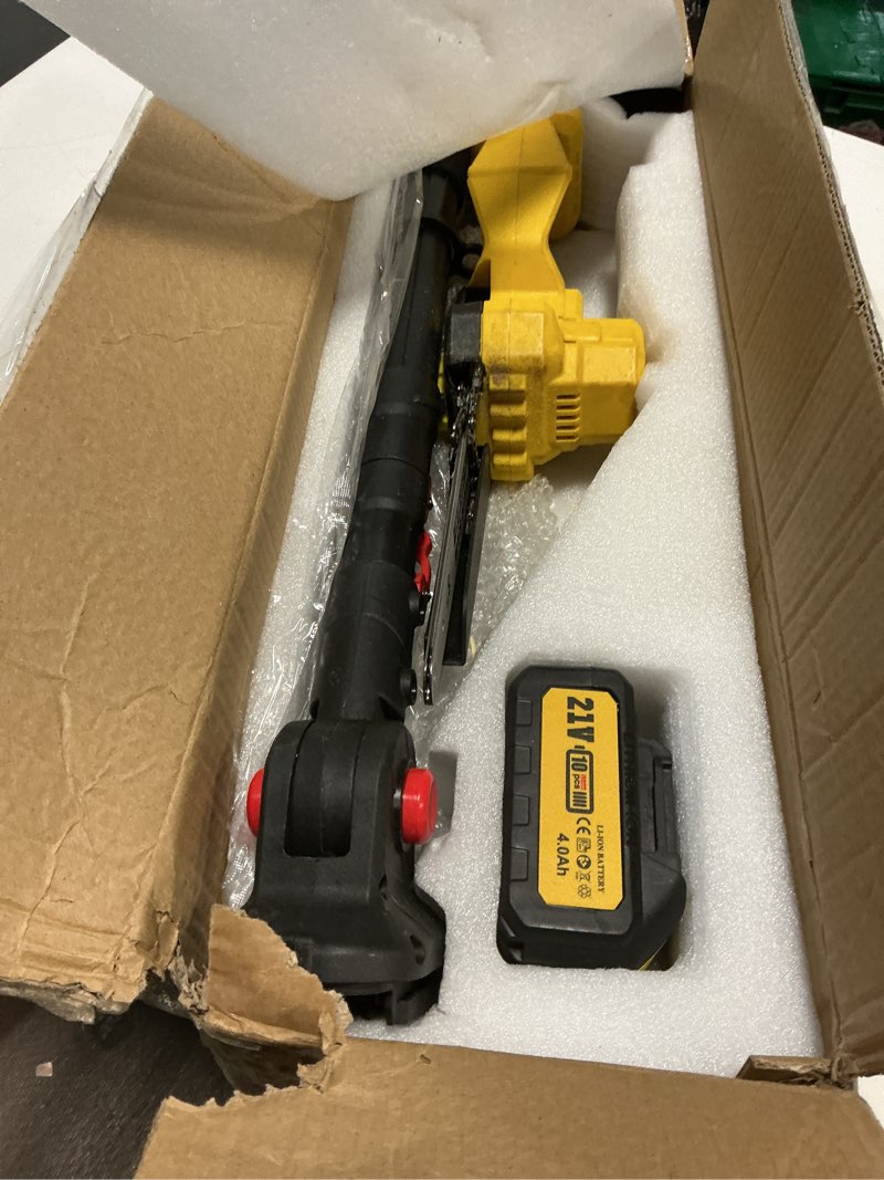Condition photo showing As Is for brushless 2-in-1 cordless pole saw & mini chainsaw, 2× 21v 4.0ah battery powered 8 inch chain,max reach 16 ft & multi-angle electric pole saw for tree trimming, gifts for father,husband,men yellow01