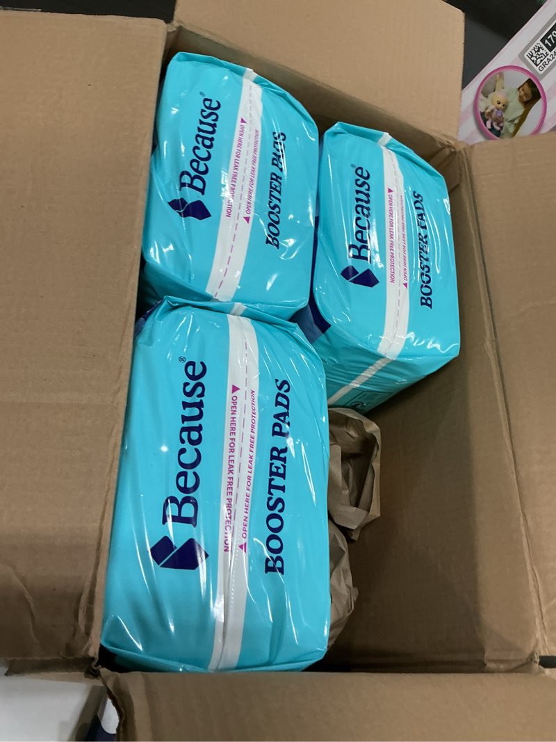Condition photo showing Good Condition for Because Overnight Booster Pads Fit All Adult Diapers, Helps Keep Your Adult Diaper Active All Night, Adds 4 Cups to Incontinence Underwear, Extra Absorbency, 180 Count (Packaging May Vary)