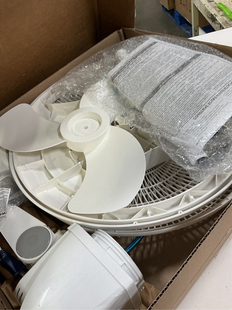 Condition photo showing As Is for lasko oscillating adjustable pedestal stand fan with timer and remote for indoor, bedroom, living room, home office & college dorm use, 16 inch, white, 1646 white fan
