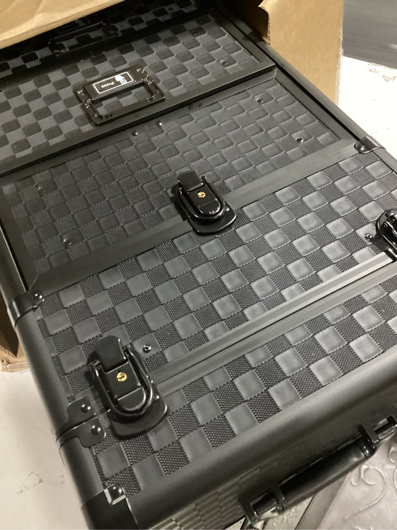 Condition photo showing Good Condition for stagiant rolling makeup case with drawers cosmetology case on wheels 5 in 1 makeup case 4 drawers with foot stand spring-release mechanism rolling make up organizer for artist salon nail teach trunk 4 drawers black checkerboard