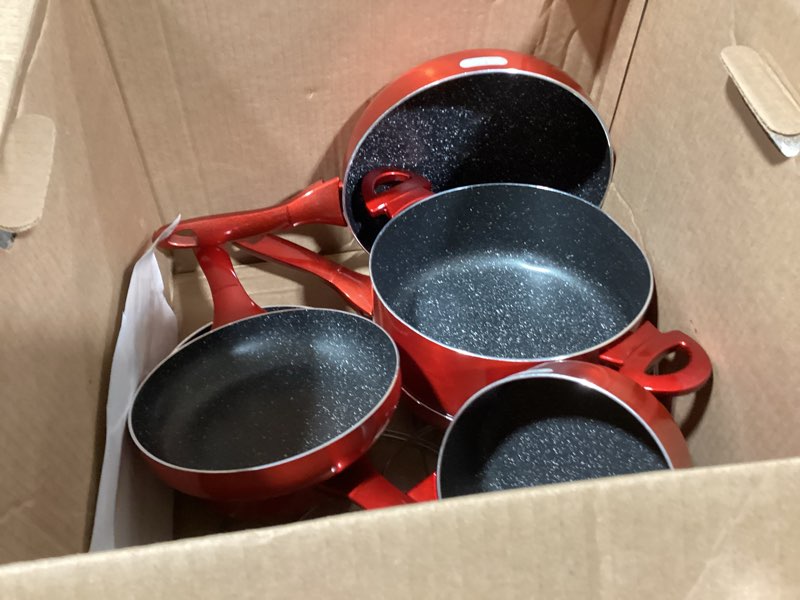 Condition photo showing Good Condition for induction cookware pots and pans set 10 piece, bezia dishwasher safe nonstick cooking pans, stay-cool bakelite handle, scratch resistant kitchen sets with frying pans, saucepans & stockpot (red)