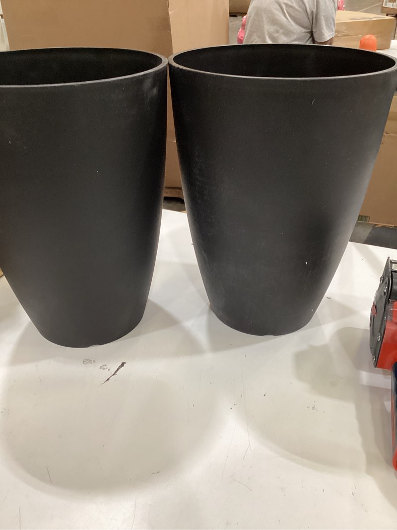 Condition photo showing Good Condition for 2 pack 14 inch tall planters for outdoor indoor plants, black round resin plant flower pots with drainage hole for front porch patio garden deck living room decor