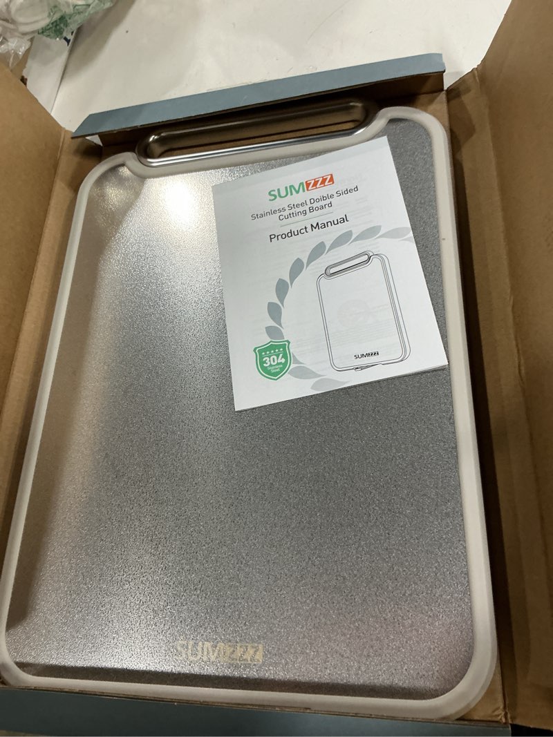 Condition photo showing New/Like New for sumzzz stainless steel cutting board for kitchen, 2-in-1 double-sided chopping board, dishwasher safe, food grade stainless steel/pp, easy to clean, large size, non-slip, 16"×11" 16"l x 11"w