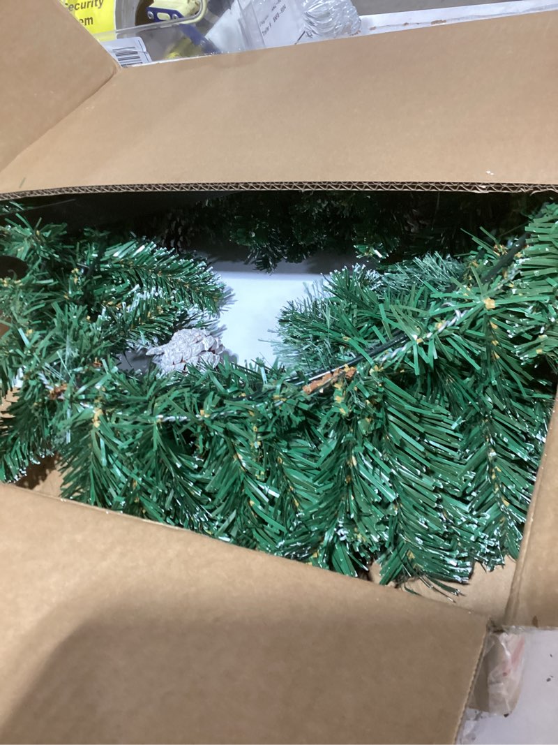 Condition photo showing As Is for Pre-lit Christmas Wreath for Front Door, Timer Outdoor Wreath for Windows with Pine Needles Frosted Branch Tips Pine Cones & Hanger, Battery Operated Artificial Wreath Decoration Indoors, 24in