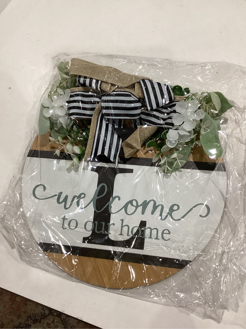 Condition photo showing Good Condition for last name round front door wreath decor for all seasons, 26 initial letter wreaths for front door porch welcome garland and eucalyptus hanging gift for farmhouse welcome sign (l) l 12*12in