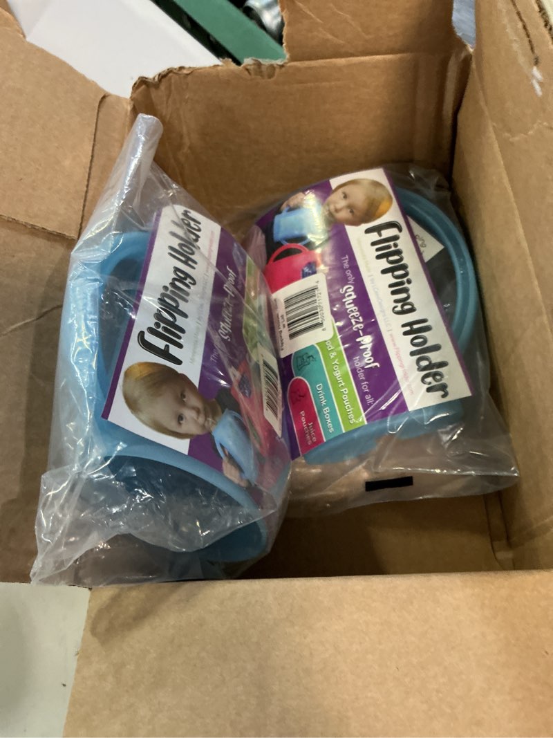 Condition photo showing New/Like New for flipping holder food pouch holder no squeeze, flips over to hold drink boxes and juice pouches, easy grip handles and lid (blue) pack of 2