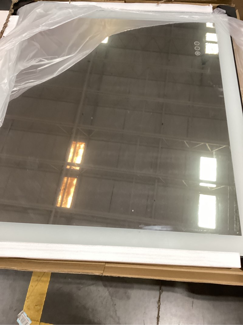 Condition photo showing As Is for amorho 36"x 32" led bathroom mirror with black frame, front light and backlit(controlled separately), stepless dimmable, anti-fog, shatter-proof, 3 colors, memory 36"l x 32"w front and backlit with frame(separate dimming)