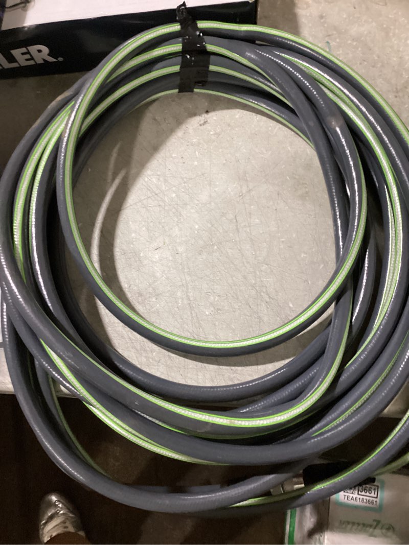 Condition photo showing As Is for unknown size.. or brand.. workpro garden hose 5/8 in x 50 ft, heavy duty, flexible and lightweight water hose with rotary handle, 3/4\" ght solid brass fittings, for all-weather outdoor, lawn, garden & yard,car wash