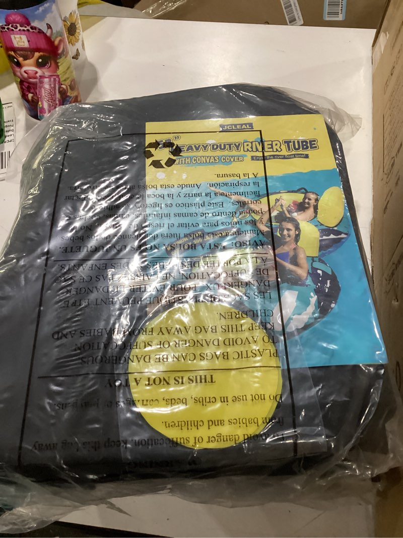 Condition photo showing New/Like New for heavy duty river tube with canvas cover 53'' large pool floats adult inflatable water tubes for floating blow up lake raft tubing floaties lounge chair with cup holders backrest grip handles 1 pcs