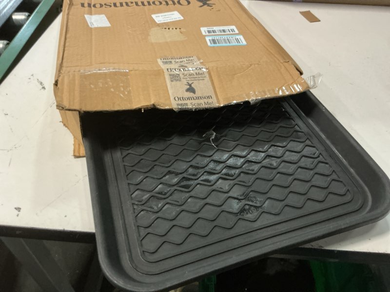 Condition photo showing Good Condition for ottomanson 15" x 30" multi-purpose boot tray – waterproof shoe & pet feeding spill tray, litter box & pee pad holder, painting & planting mat, 1.2" raised edge floor protection a black tray - 15" x 30"