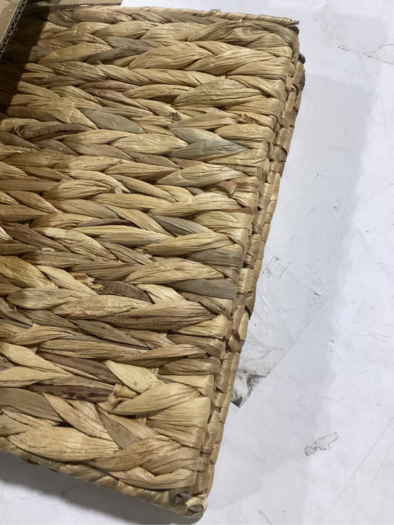 Condition photo showing New/Like New for water hyacinth storage baskets 11x11x11 inch wicker storage cubes set of 2baskets,handwoven foldable wicker cubes with sturdy handles, rustic laundry organizer for bedroom shelves, kitchen, bathroom