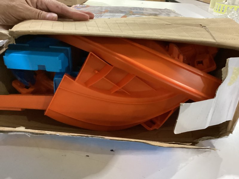 Condition photo showing As Is for hot wheels sky crash tower track set, 2.5+ ft / 83 cm high with motorized booster, orange track & 1 hot wheels vehicle, race multiple cars, gift for kids 5 to 10 years old & up standard