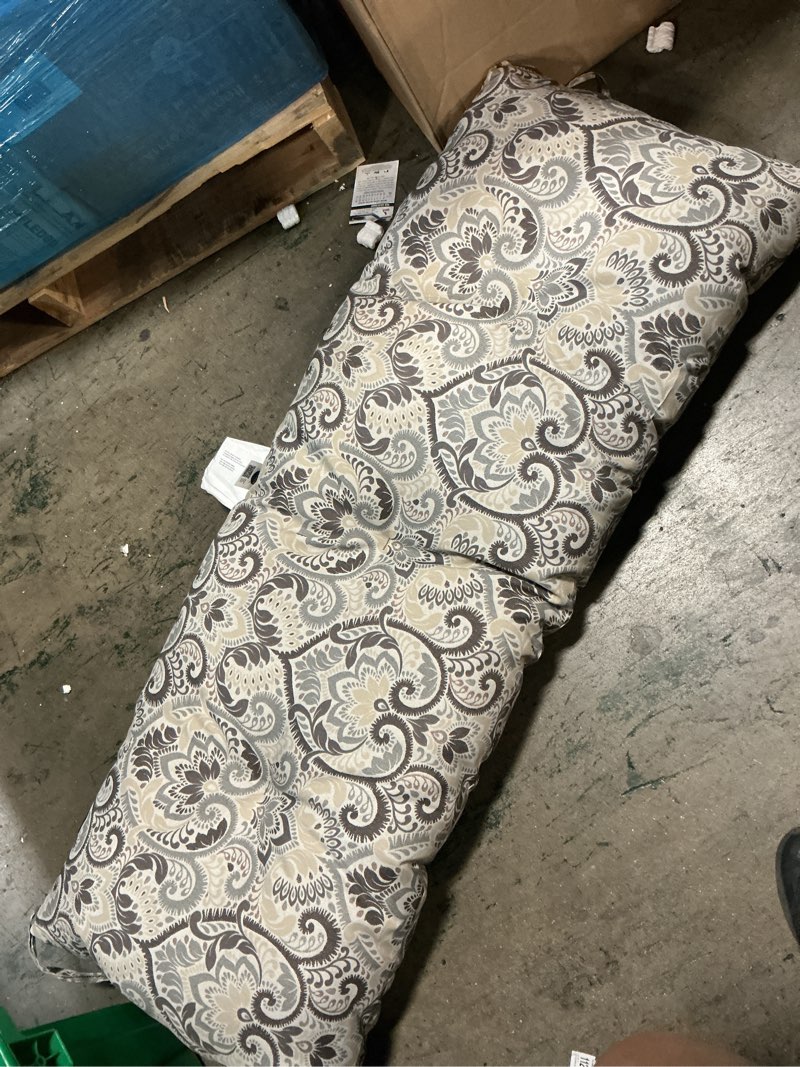 Condition photo showing As Is for arden selections outdoor plush modern tufted bench cushion, 48 x 18, water repellent, fade resistant, tufted bench cushion for bench and swing 48 x 18, neutral aurora damask