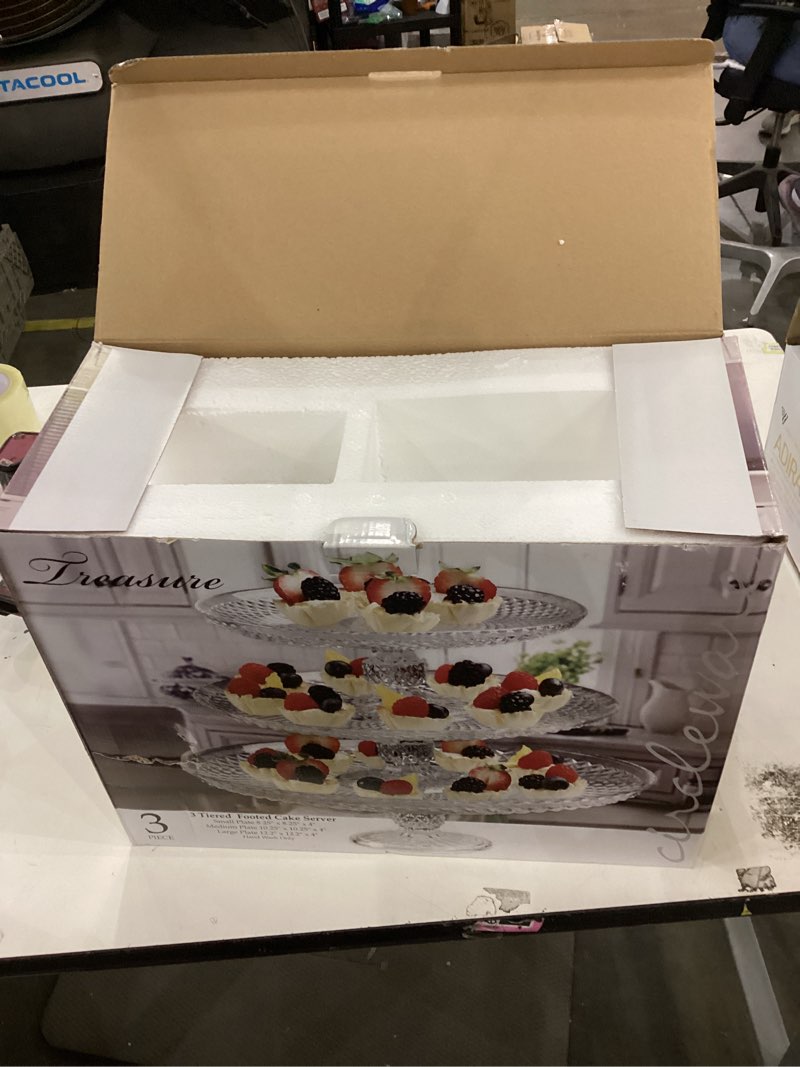 Condition photo showing New/Like New for Circleware 6-in-1 Cake Stand Multi-Functional Serving Dessert Platter & Cake Plate, 3 Tier Cake Platter- 7", 8.5", 11.5", Kitchen for Ice Cream Cheese Desserts, Salad, Candy, Best Selling Gift Ideas