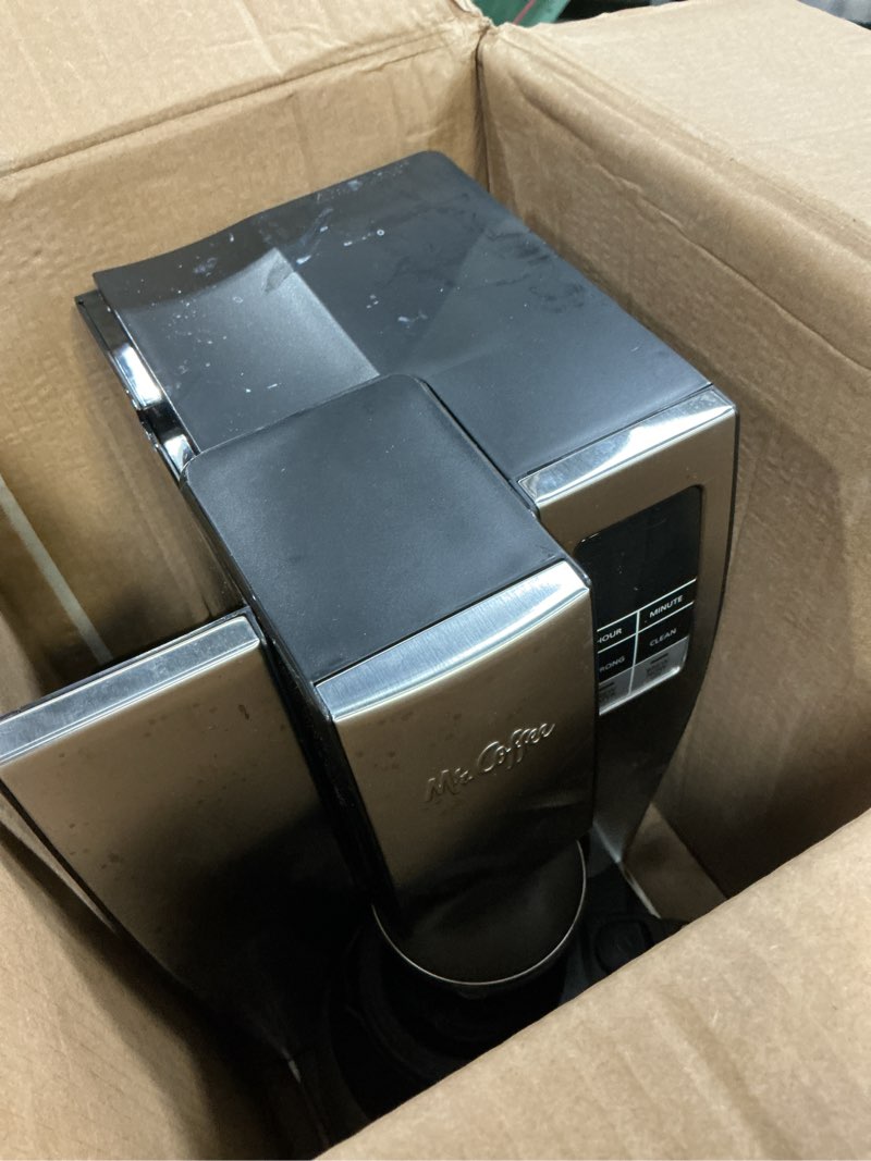 Condition photo showing As Is for mr. coffee 10-cup programmable coffee maker, insulated thermal carafe, brew strength selection, brew now or later, stainless steel stainless steel 10 cup thermal carafe + strong brew