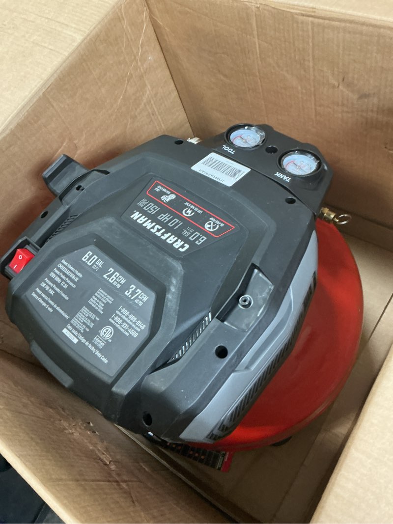 Condition photo showing As Is for (Incomplete) (missing pieces) Craftsman 6-Gallon Pancake Air Compressor 4-Tool Combo Kit, 150 PSI, Oil-Free, Includes 16GA Finish 