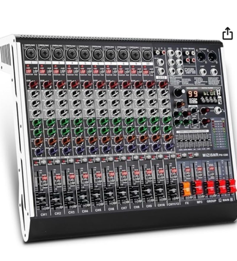 12 channel audio mixer professional sound mixing board with 99 dsp effects, 7-band eq digital dj mixer console w/usb bluetooth mp3 for recording, independent 48v power & mute button